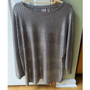Chicos Size 3 XL 16 Metallic Shimmer Ribbed Knit Tunic Top Bronze Silver Gold